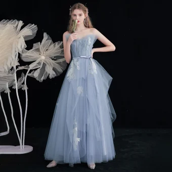 Moderne Mode Bleu Ciel En Dentelle Fleur Robe De Bal 2021 Princesse Bustier Sans Manches Dos Nu Noeud Ceinture Longue Robe De Ceremonie