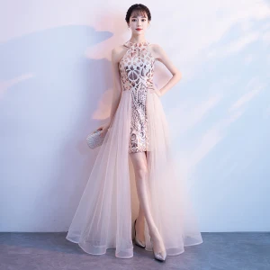 Chic Beautiful Champagne Evening Dresses 2018 A Line Princess Sequins Scoop Neck Sleeveless Floor Length Long Formal Dresses
