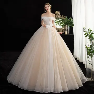 Mode Champagne Glitter Robe De Mariée 2020 Robe Boule De L 039 Épaule Noeud Manches Courtes Dos Nu Longue
