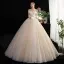Fashion Champagne Glitter Wedding Dresses 2020 Ball Gown Off-The-Shoulder Bow Short Sleeve Backless Floor-Length / Long