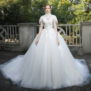 Fashion Ivory Wedding Dresses 2020 Ball Gown High Neck Beading Tassel Sequins Lace Flower Appliques Cap Sleeves Cathedral Train