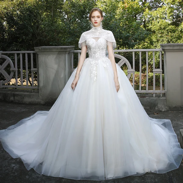 Fashion Ivory Wedding Dresses 2020 Ball Gown High Neck Beading Tassel Sequins Lace Flower Appliques Cap Sleeves Cathedral Train