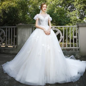 Elegant Ivory Wedding Dresses 2020 A Line Princess Scoop Neck Beading Lace Flower Short Sleeve Cathedral Train