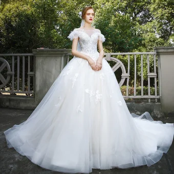 Elegant Ivory Wedding Dresses 2020 A Line Princess Scoop Neck Beading Lace Flower Short Sleeve Cathedral Train