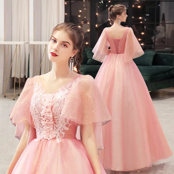 Elegant Candy Pink Prom Dresses 2021 V-Neck A-Line / Princess Beading Appliques Lace Flower Sequins 1/2 Sleeves Backless Floor-Length / Long Formal Dresses