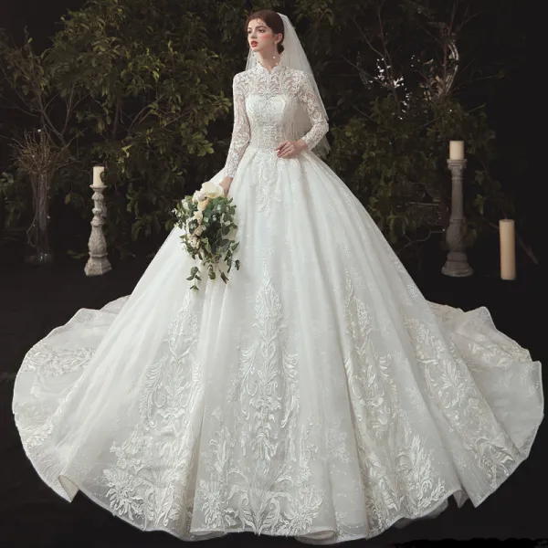 Vintage / Retro Chinese style Modest  Ivory Bridal Wedding Dresses 2020 Ball Gown High Neck Pearl Lace Flower Long Sleeve Backless Cathedral Train