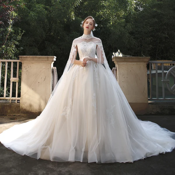 Vintage / Retro Ivory Pregnant Bridal Wedding Dresses 2020 Ball Gown High Neck Beading Appliques Lace Flower Pearl 1/2 Sleeves Backless Watteau Train