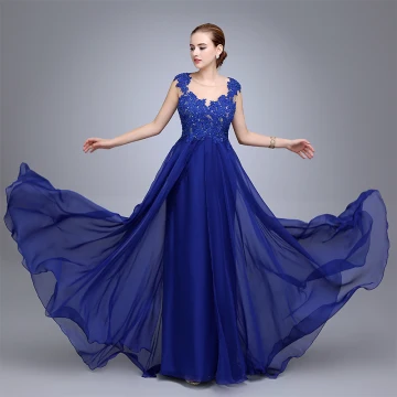 Chic Bleu Roi Robe De Soirée 2020 Princesse Encolure Dégagée Faux Diamant En Dentelle Fleur Sans Manches Longue Robe De Ceremonie