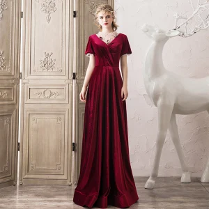 Elegant Burgundy Suede Evening Dresses 2020 A Line Princess Scoop Neck Beading Short Sleeve Backless Floor Length Long Formal Dresses