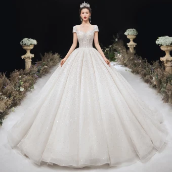 Luxury Gorgeous Ivory 2020 Wedding Dresses Ball Gown Scoop Neck Beading Lace Pearl Rhinestone Sequins Short Sleeve Backless Court Train