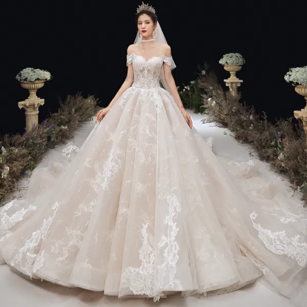 Charming Champagne Wedding Dresses 2020 A-Line / Princess Off-The-Shoulder Lace Flower Sleeveless Backless Cathedral Train