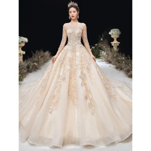 High End Champagne Wedding Dresses 2020 A Line Princess Scoop Neck Beading Rhinestone Lace Flower Long Sleeve Backless Cathedral Train