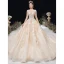 Haut de Gamme Champagne Robe De Mariée 2020 Princesse Encolure Dégagée Perlage Faux Diamant En Dentelle Fleur Manches Longues Dos Nu Cathedral Train