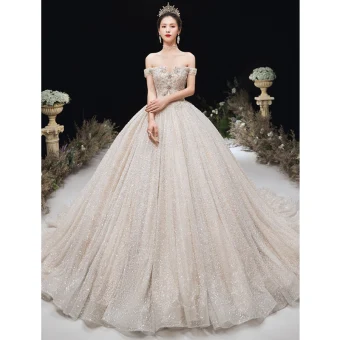 Luxury Gorgeous Champagne Glitter Wedding Dresses 2020 Ball Gown Off The Shoulder Beading Rhinestone Lace Flower Sleeveless Backless Cathedral Train