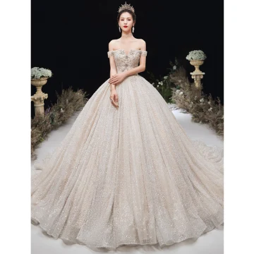 Lyx Champagne Glittriga Glitter Bröllopsklänningar 2020 Balklänning Av Axeln Beading Rhinestone Spets Blomma Ärmlös Halterneck Cathedral Train