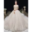 Luxury / Gorgeous Champagne Glitter Wedding Dresses 2020 Ball Gown Off-The-Shoulder Beading Rhinestone Lace Flower Sleeveless Backless Cathedral Train
