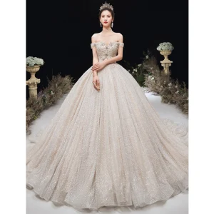 Luxury Gorgeous Champagne Glitter Wedding Dresses 2020 Ball Gown Off The Shoulder Beading Rhinestone Lace Flower Sleeveless Backless Cathedral Train