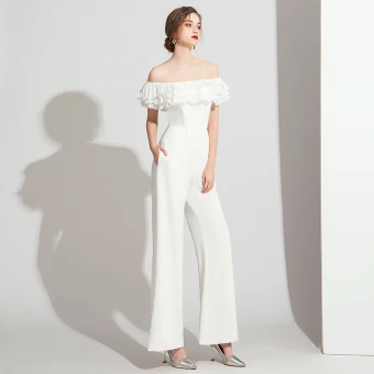 Élégant Ivoire Combinaison Robe De Soirée 2021 Volants De L 039 Épaule Manches Courtes Dos Nu Soirée Longue Robe De Ceremonie