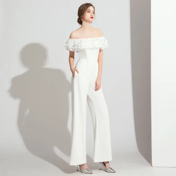 Élégant Ivoire Combinaison Robe De Soirée 2021 Volants De L 039 Épaule Manches Courtes Dos Nu Soirée Longue Robe De Ceremonie