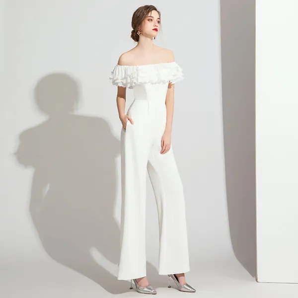 Elegant Ivory Jumpsuit Evening Dresses  2021 Ruffle Off-The-Shoulder Short Sleeve Backless Evening Party Floor-Length / Long Formal Dresses