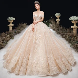Charming Champagne Wedding Dresses 2020 Ball Gown Off The Shoulder Beading Rhinestone Sequins Lace Flower Short Sleeve Backless Cathedral Train