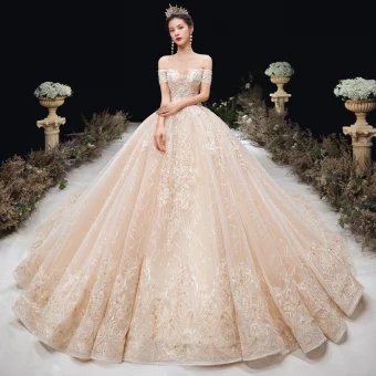 Charmant Champagne Robe De Mariée 2020 Robe Boule De L 039 Épaule Perlage Faux Diamant Paillettes En Dentelle Fleur Manches Courtes Dos Nu Cathedral Train