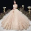 Charming Champagne Wedding Dresses 2020 Ball Gown Off-The-Shoulder Beading Rhinestone Sequins Lace Flower Short Sleeve Backless Cathedral Train