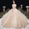 Charming Champagne Wedding Dresses 2020 Ball Gown Off-The-Shoulder Beading Rhinestone Sequins Lace Flower Short Sleeve Backless Cathedral Train