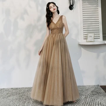 Chic Beautiful Champagne Glitter Evening Dresses 2020 A Line Princess V Neck Beading Sleeveless Backless Floor Length Long Formal Dresses