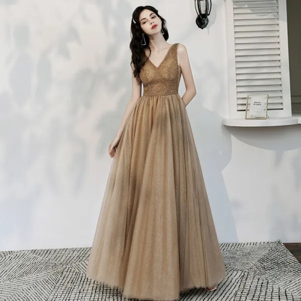 Chic / Beautiful Champagne Glitter Evening Dresses  2020 A-Line / Princess V-Neck Beading Sleeveless Backless Floor-Length / Long Formal Dresses