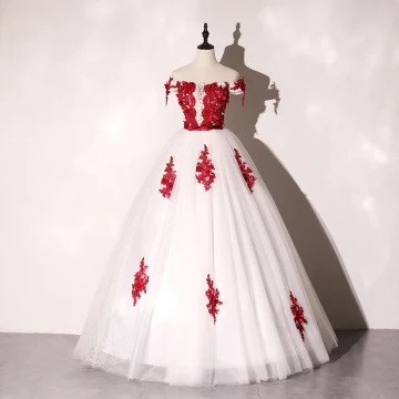 Élégant Ivoire Robe De Bal 2020 Robe Boule De L 039 Épaule Rouge Appliques En Dentelle Fleur Noeud Faux Diamant Sans Manches Dos Nu Longue Robe De Ceremonie