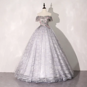 Elegant Flower Fairy Silver Grey Prom Dresses 2020 Ball Gown Off The Shoulder Rhinestone Lace Flower Short Sleeve Backless Floor Length Long Formal Dresses