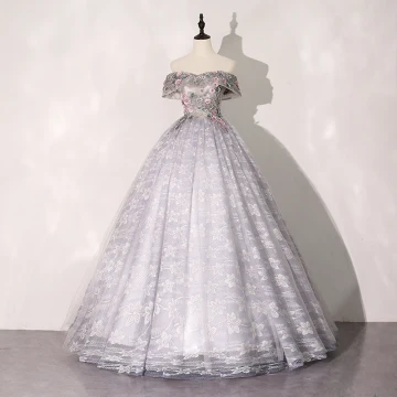 Élégant Fée Des Fleurs Argenté Gris Robe De Bal 2020 Robe Boule De L 039 Épaule Faux Diamant En Dentelle Fleur Manches Courtes Dos Nu Longue Robe De Ceremonie