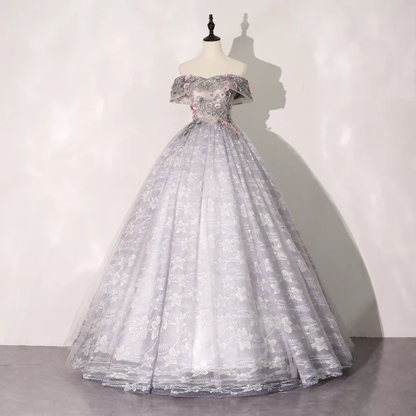 Elegant Flower Fairy Silver Grey Prom Dresses 2020 Ball Gown Off-The-Shoulder Rhinestone Lace Flower Short Sleeve Backless Floor-Length / Long Formal