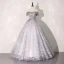 Elegant Flower Fairy Silver Grey Prom Dresses 2020 Ball Gown Off-The-Shoulder Rhinestone Lace Flower Short Sleeve Backless Floor-Length / Long Formal Dresses