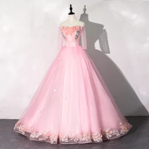 Fée Des Fleurs Rose Bonbon Robe De Bal 2020 Robe Boule De L 039 Épaule Perle Faux Diamant Appliques En Dentelle Fleur 1 2 Manches Dos Nu Longue Robe De Ceremonie