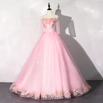 Flower Fairy Candy Pink Prom Dresses 2020 Ball Gown Off The Shoulder Pearl Rhinestone Appliques Lace Flower 1 2 Sleeves Backless Floor Length Long Formal Dresses
