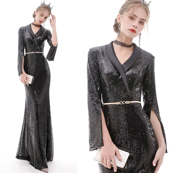 Sparkly Black Evening Dresses  2020 Trumpet / Mermaid V-Neck Sash Sequins Long Sleeve Floor-Length / Long Formal Dresses