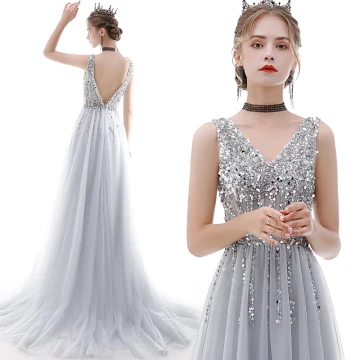 Charming Silver Evening Dresses 2020 A Line Princess V Neck Beading Sequins Sleeveless Backless Sweep Train Formal Dresses