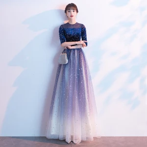 Mode Scintillantes Bleu Roi Robe De Soirée 2020 Princesse Encolure Dégagée Daim En Dentelle Étoile Paillettes 1 2 Manches Longue Robe De Ceremonie