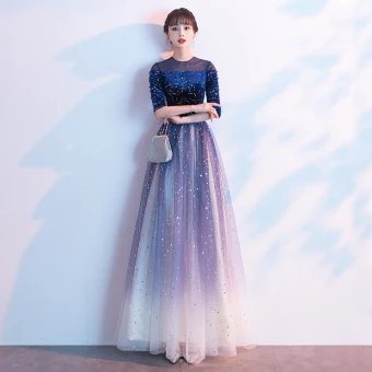 Mode Scintillantes Bleu Roi Robe De Soirée 2020 Princesse Encolure Dégagée Daim En Dentelle Étoile Paillettes 1 2 Manches Longue Robe De Ceremonie