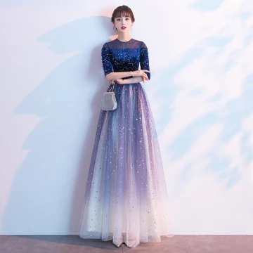 Mode Scintillantes Bleu Roi Robe De Soirée 2020 Princesse Encolure Dégagée Daim En Dentelle Étoile Paillettes 1 2 Manches Longue Robe De Ceremonie