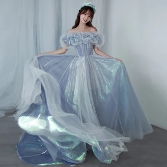 Illusion Bleu Ciel Cendrillon Robe De Bal 2021 Princesse De L Épaule Manches Courtes Dos Nu Train De Balayage Robe De Ceremonie