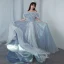 Illusion Sky Blue Cinderella Prom Dresses 2021 A-Line / Princess Off-The-Shoulder Short Sleeve Backless Sweep Train Formal Dresses