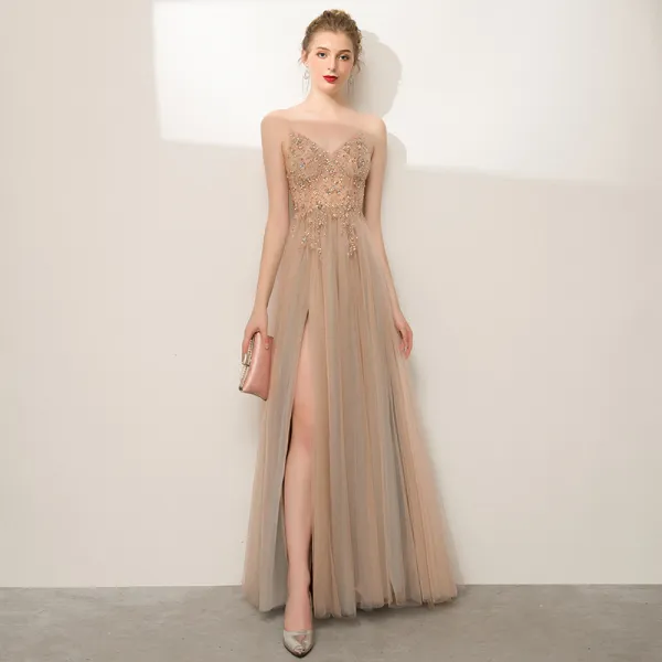 Charming Champagne Prom Dresses 2020 A-Line / Princess Spaghetti Straps Beading Rhinestone Sleeveless Backless Split Front Floor-Length / Long Formal Dresses