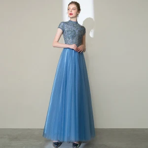 Elegant Pool Blue Prom Dresses 2020 A Line Princess High Neck Beading Rhinestone Short Sleeve Backless Floor Length Long Formal Dresses