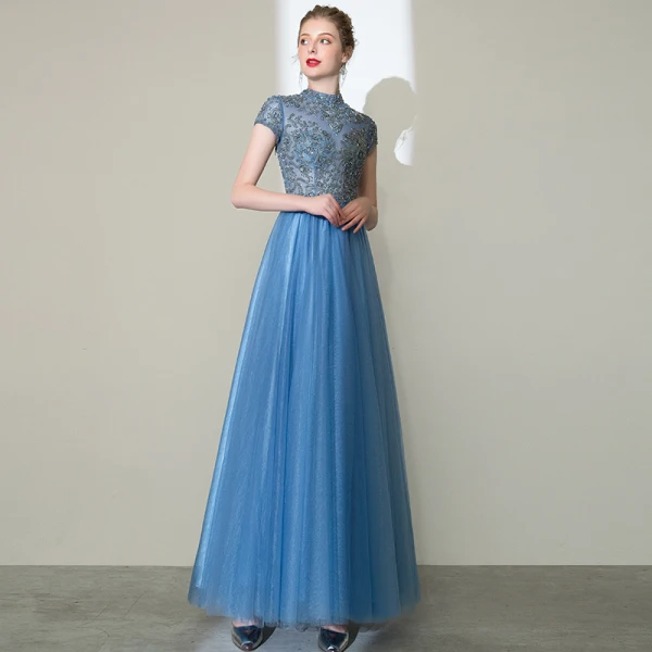 blue marble print dress Modest evening dress | High neck formal dress main image 1