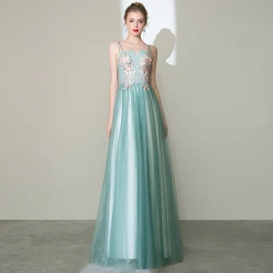 Charming Mint Green Prom Dresses 2020 A Line Princess Spaghetti Straps Pearl Rhinestone Lace Flower Sleeveless Backless Floor Length Long Formal Dresses
