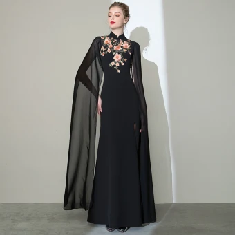 Style Chinois Noire Robe De Soirée 2020 Trompette Sirène Col Haut Appliques En Dentelle Manches Courtes Fendue Devant Longue Robe De Ceremonie