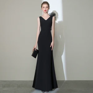 Elegant Solid Color Black Evening Dresses 2020 Trumpet Mermaid V Neck Sleeveless Backless Floor Length Long Formal Dresses